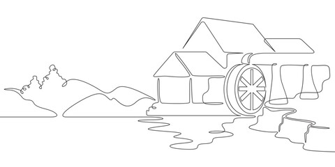 Poster - continuous one line drawing water mill.an old mill on the river. one continuous line isolated minima