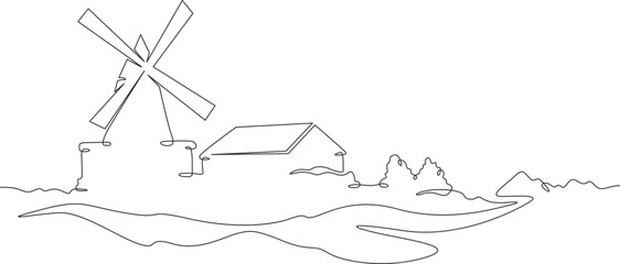 Poster - continuous one line drawing windmill.an old mill on the plain. one continuous line isolated minimal 