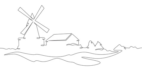 Poster - continuous one line drawing windmill.an old mill on the plain. one continuous line isolated minimal 