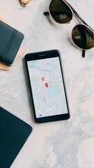 Poster - Navigation map app showing route on smartphone screen near sunglasses and notebook, tracking travel destination using digital geolocation technology