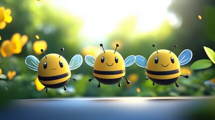 Cheerful cartoon bees buzzing in a vibrant flower garden under bright sunlight