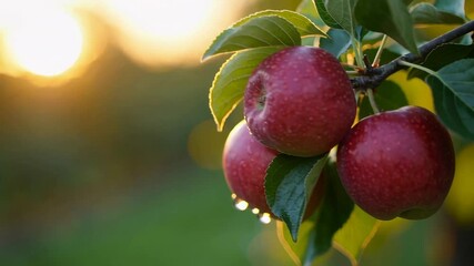 Poster - Red apples, glistening with morning dew, hang from a branch, backlit by the warm glow of sunrise, creating a serene and picturesque orchard scene in slow motion
