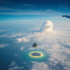 Wall Mural - a small palm tree glowing in a lake that stands on top of the clouds, flying in an airplane from los