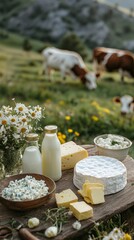 Wall Mural - Bottles of fresh milk sit next to creamy cheeses and cottage cheese on a rustic table. In the background, beautiful cows graze peacefully among vibrant wildflowers in the lush countryside