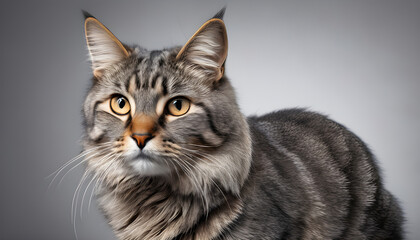 Wall Mural - Majestic Gray Tabby Cat with Striking Eyes Posing Elegantly Against a Soft Gray Background