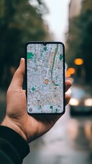 Poster - Hand of traveler gripping smartphone displaying active gps navigation app, revealing modern digital wayfinding technology during urban journey with blurred background and slow motion tracking
