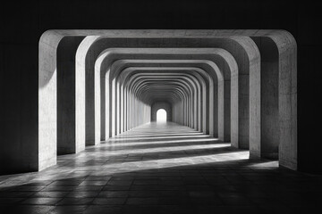 Poster - Architectural tunnel featuring arches and contrasting light in a minimalist setting