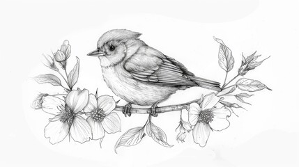 Wall Mural - A simple pencil drawing of a small bird on a branch with flowers