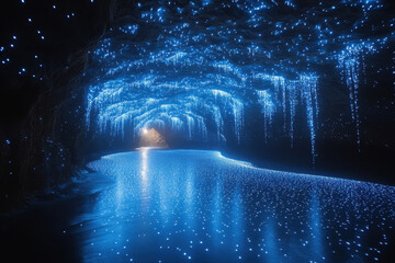 Wall Mural - Illuminated cavern in an underground lake glimmers with blue lights during night exploration