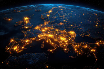 Poster - View of Europe illuminated at night with vibrant city lights and starry sky from space, showcasing geographical features and urban areas