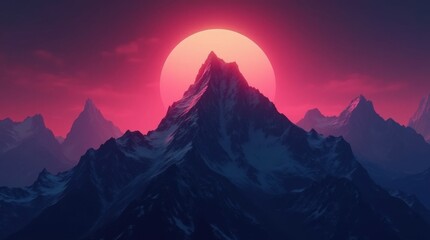 Wall Mural - Jagged Mountain Silhouette with Neon Sunset