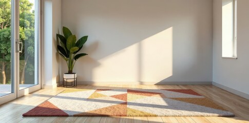 Wall Mural - Bright airy space, geometric rug, natural light, furniture, simple