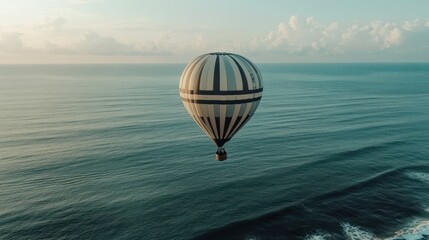 Canvas Print - Hot air balloon over ocean at sunrise, coastal background, travel