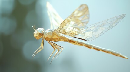 Poster - A delicate low-poly golden dragonfly, crafted with elegant polygonal patterns.