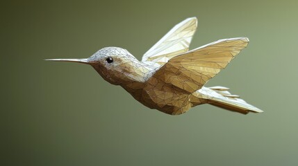 Poster - A delicate low-poly golden hummingbird in mid-flight, glittering with sharp facets.