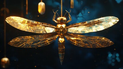 Poster - A delicate low-poly golden dragonfly, crafted with elegant polygonal patterns.