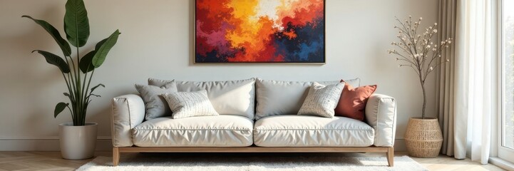 Wall Mural - Creamy walls, plush grey sofa, abstract print, soft lighting, comfy cushions, room, sophisticated