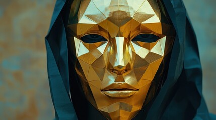 Poster - A faceted low-poly golden mask with a mysterious and futuristic aesthetic.