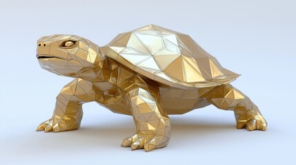 Poster - A faceted low-poly golden turtle, designed with precise geometric patterns.