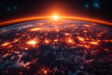 Poster - Stunning view of Earth illuminated by the sun, showcasing vibrant city lights at dawn