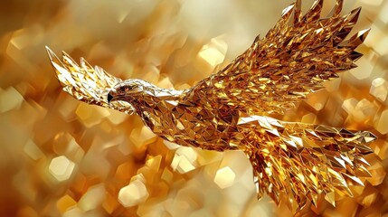 Poster - A fierce low-poly golden hawk with wings spread wide, reflecting polygonal elegance.