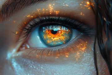 Poster - eye with glowing effect showcasing fiery colors and intricate details in a close-up view