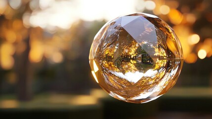 Fototapete - A floating low-poly golden sphere, covered in shimmering polygonal reflections.