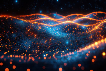 Fototapete - Visual representation of abstract waves made of light particles in a dark space