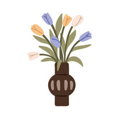 Poster - Tulip bouquet in vase. Blooming spring flowers with gentle delicate petals, leaves. Fresh cut floral bunch decor, interior decoration. Flat vector illustration isolated on white background