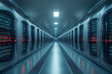 Poster - High-tech server room corridor with rows of illuminated data storage units in a modern facility