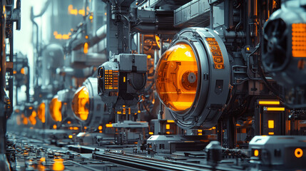 Poster - automated machines in metal industry with orange details