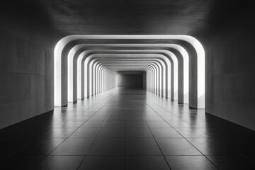 Poster - Modern architectural corridor with illuminated arches and polished floor in a minimalist design during daytime