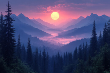 Wall Mural - Vibrant sunset illuminates mountainous landscape with misty valley and tall evergreens in serene nature setting