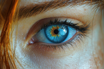 Poster - bright blue eye with a unique orange center, showcasing detailed eyelashes and skin texture in natur