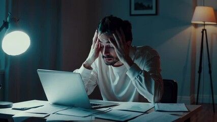 Poster - Overworked businessman experiencing intense migraine while working late on laptop, revealing professional stress and mental exhaustion during nighttime office environment