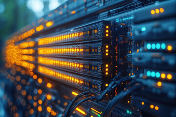 Poster - High-tech data center with illuminated server racks and intricate wiring during early evening hours
