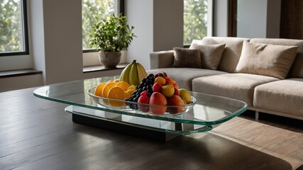 Poster - colorful fruit arrangement on a modern glass table in a cozy living room with natural light