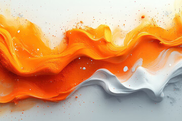 Poster - Vibrant orange and white abstract paint wave on a textured canvas showcasing creative artistic expression