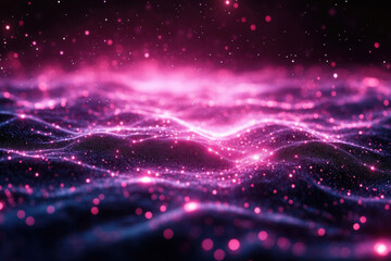 Poster - Vibrant cosmic landscape with shimmering waves and glowing particles in a dark ambience
