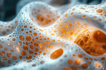 Poster - Complex structure of porous material with glowing orange highlights in a detailed macro view