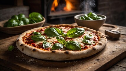 Wall Mural - Delicious pizza topped with fresh basil served in a rustic kitchen setting