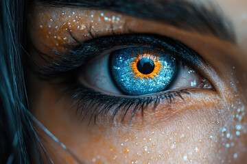Poster - close-up view of a unique eye with striking blue and orange colors, showcasing intricate details and