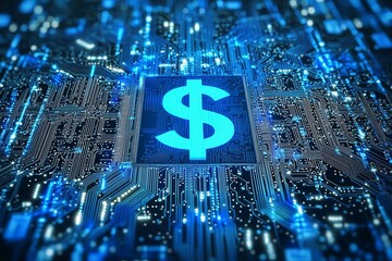 Poster - Digital Circuit Board Design with Blue Colors and Dollar Sign Highlighting Financial Technology Concept