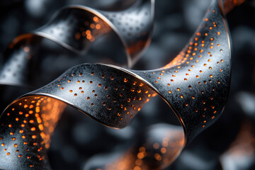 Poster - Creative metallic ribbon with warm glowing light on a dark background highlighting texture and form