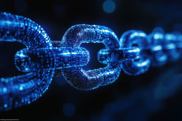 Fototapete - Close-up view of digital blue chain links illuminated by glowing particles in a dark background