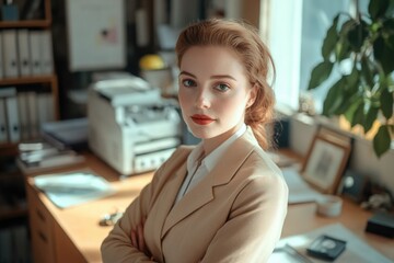 Wall Mural - Sophisticated young woman with red lips and blonde hair standing confidently in an office. Wearing a beige blazer, white shirt, and black pants.