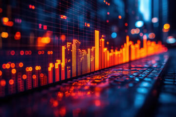 Poster - Visual representation of stock market trends with vibrant colors and digital elements in an urban environment at dusk
