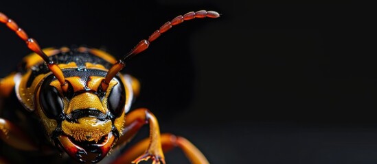 Close-up of a wasp-like insect with yellow and black stripes on its body and long antennae against a black background.