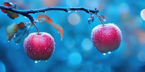 Wall Mural - red apples hanging on a tree against a blue