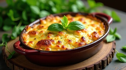 Wall Mural - Aromatic Baked Dish with Creamy Cheese Sauce and Fresh Herbs in Rustic Brown Bakeware